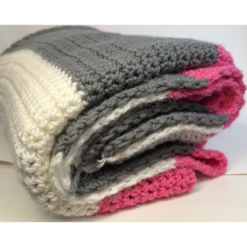 Handmade Crochet Blanket Quilt Throw Crochet Gray White Pink 49X58